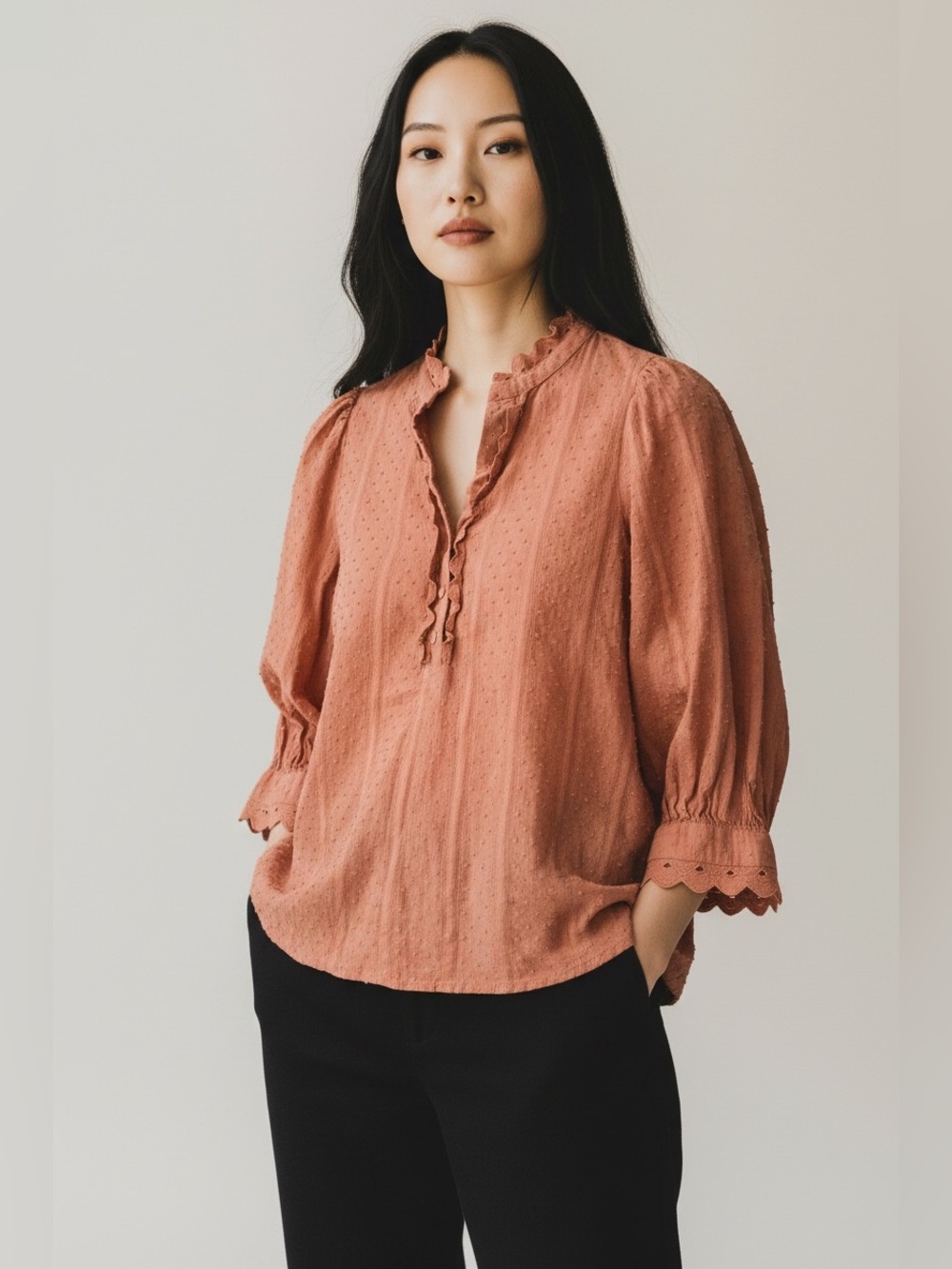 Mine Textured Ruffle V-Neck Blouse - Terracotta